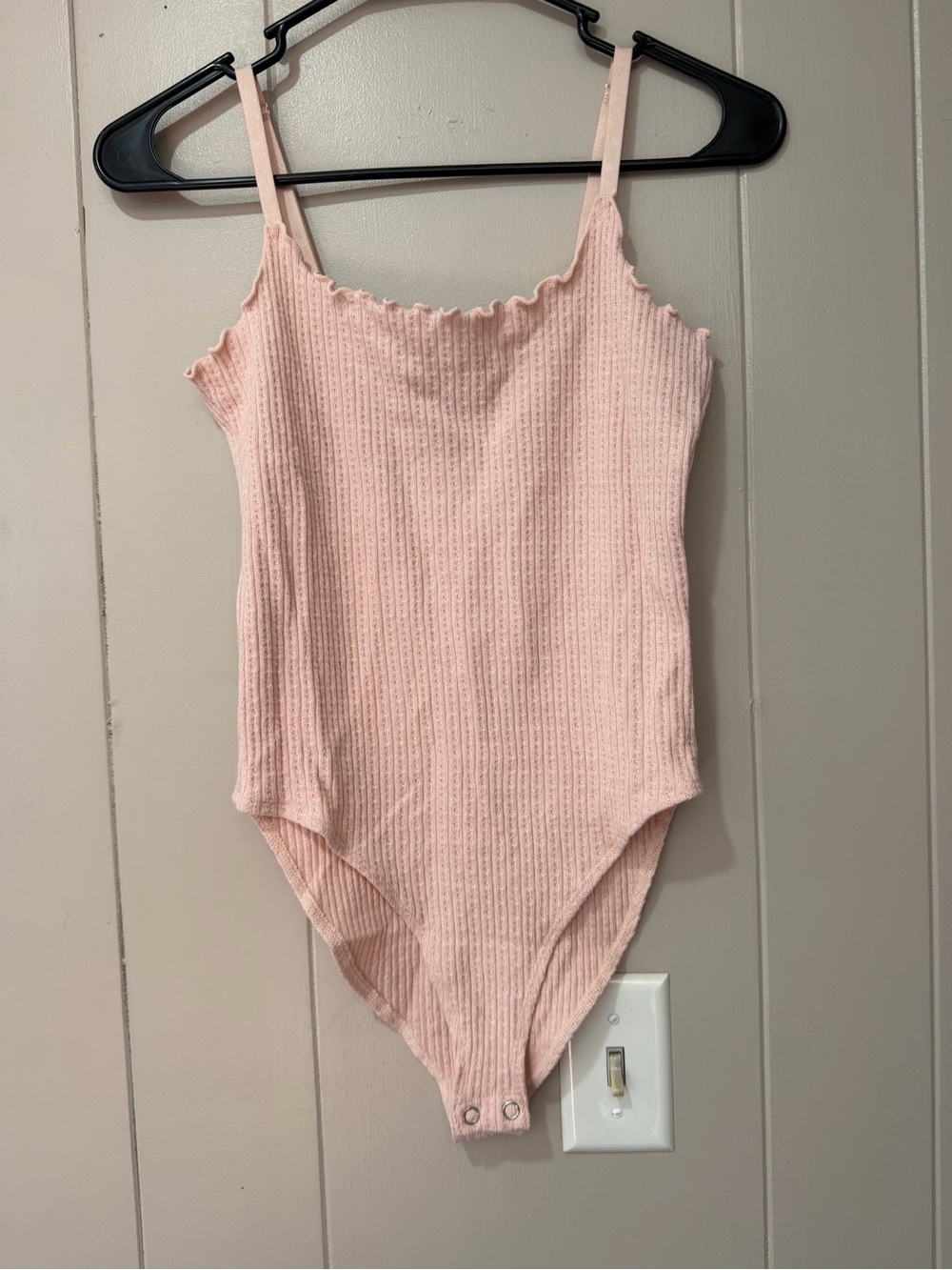 Forever 21 Pink Ribbed Lettuce-Edge Spaghetti Strap Bodysuit